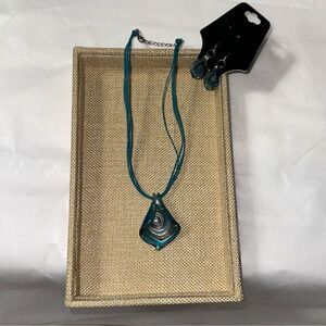Aqua Blue Silver Gold Brown Four Strand Necklace and Earrings Set